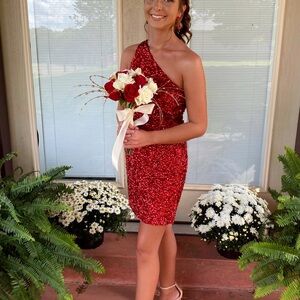 Sherri Hill Red Sequin One-Shoulder Dress